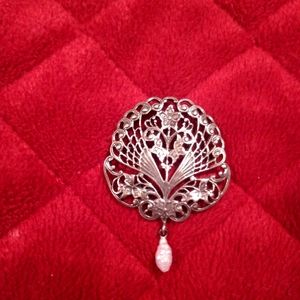 Silver Filigree Fan Brooch with Pearl Drop - Women's Jewelry